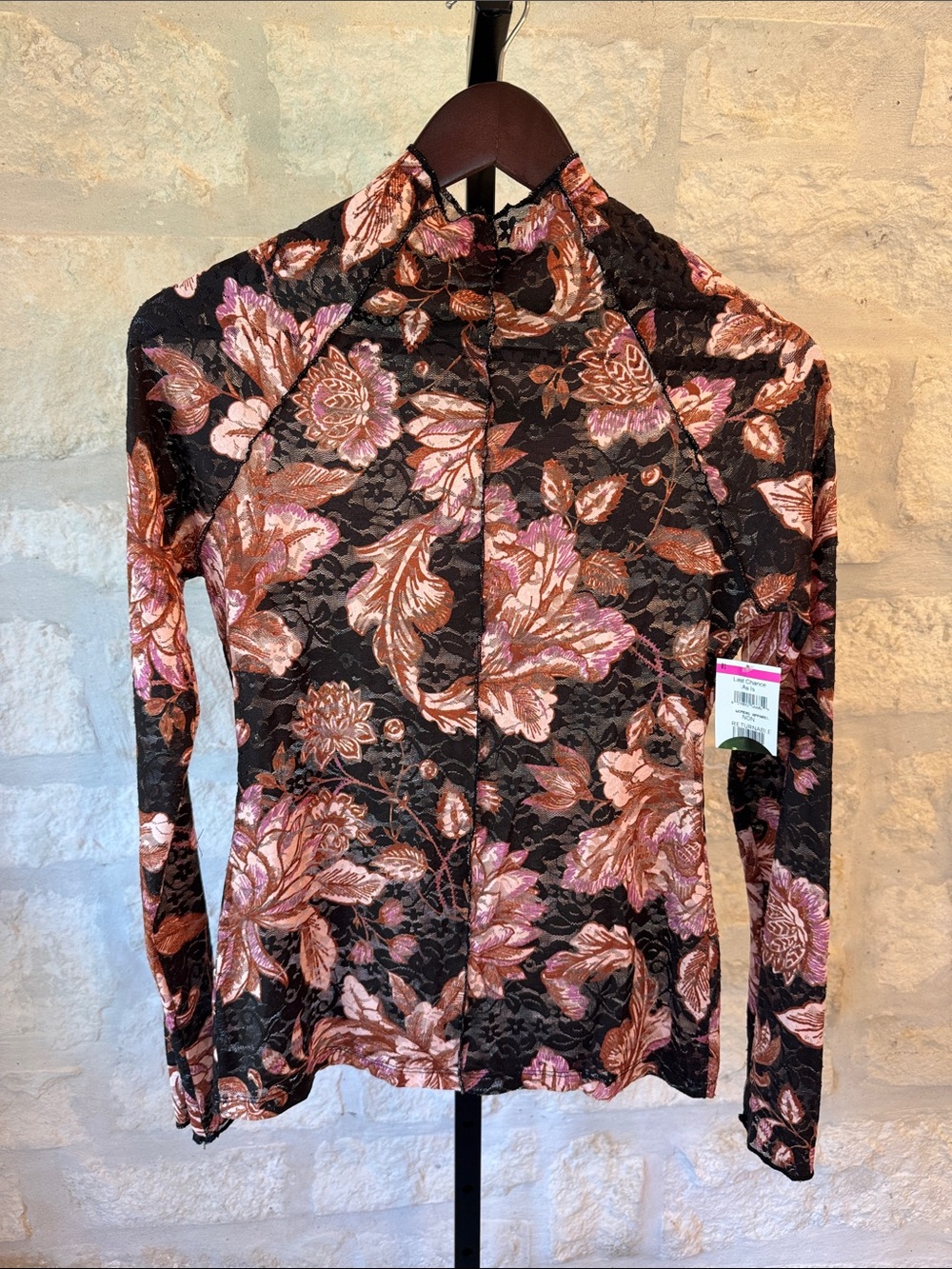 Floral Lace Long-Sleeve Top in Black and Pink- Flying Tomato